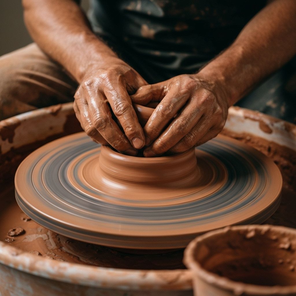 Hands shaping clay on a pottery wheel