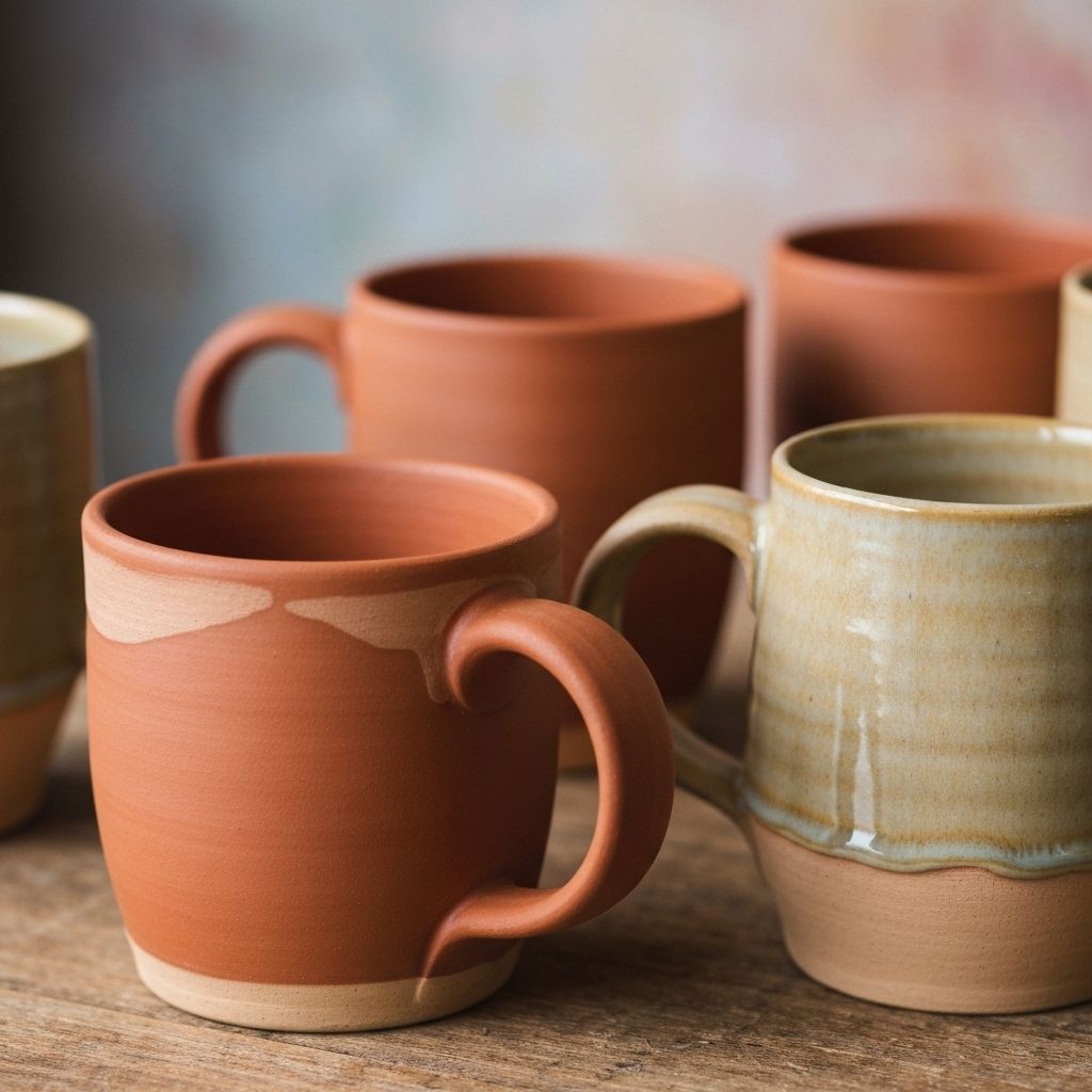 Handcrafted ceramic mugs in terracotta and beige