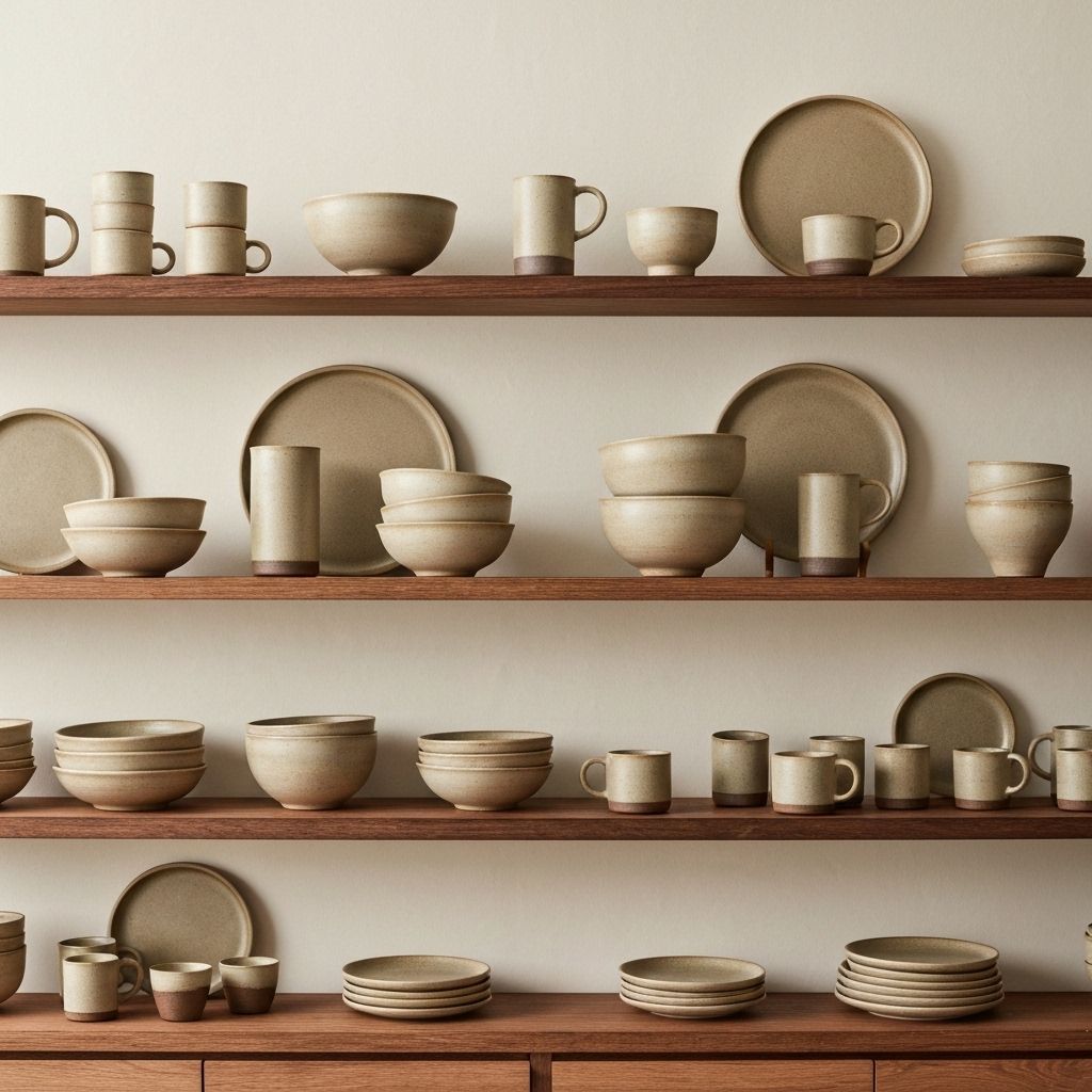 Shelves in the studio with finished ceramics